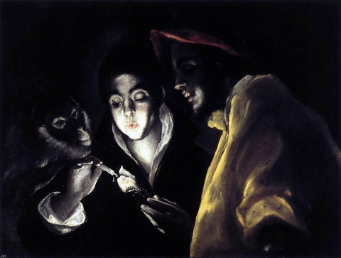  El Greco Allegory with a Boy Lighting a Candle in the Company of an Ape and a Fool (Fabula) - Hand Painted Oil Painting