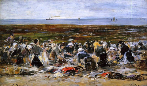  Eugene-Louis Boudin Etretat, Laundresses on the Beach, Low Tide - Hand Painted Oil Painting