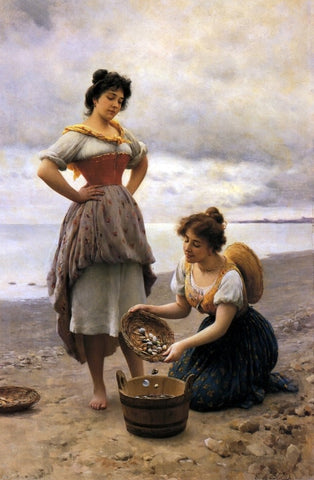  Eugene De Blaas Gathering Shells - Hand Painted Oil Painting