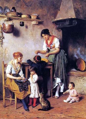  Eugene De Blaas Mother's Little Helper - Hand Painted Oil Painting