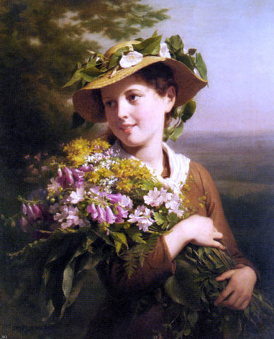  Fritz Zuber-Buhler A Young Beauty Holding a Bouquet of Flowers - Hand Painted Oil Painting