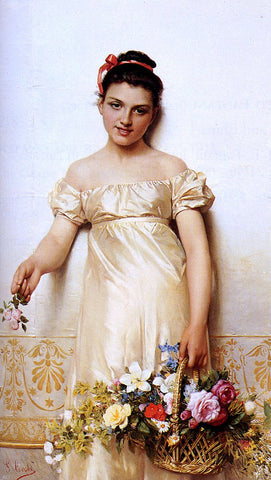  Giovanni Costa A Young Lady Holding A Basket Of Flowers - Hand Painted Oil Painting