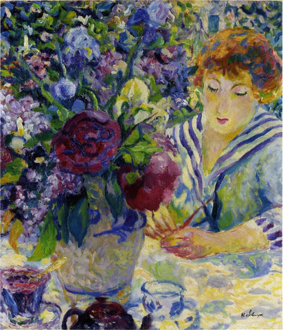  Henri Lebasque Woman with a Vase of Flowers - Hand Painted Oil Painting