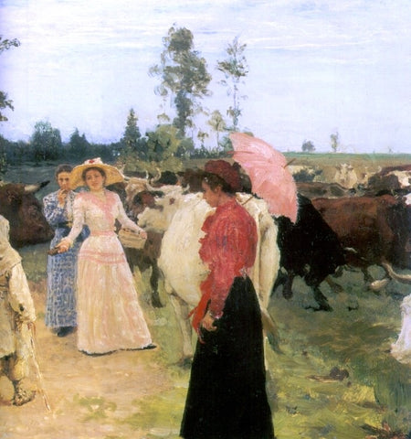  Ilia Efimovich Repin Young Ladys Walk Among Herd of Cow - Hand Painted Oil Painting