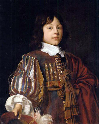  Jan Mytens Portrait of a young gentleman in a burgundy doublet with slashed sleeves and a sash, a feathered cap in hand - Hand Painted Oil Painting