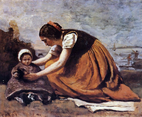  Jean-Baptiste-Camille Corot Mother and Child on the Beach - Hand Painted Oil Painting