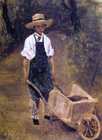  Jean-Baptiste-Camille Corot Octave Chamouillet Pushing a Wheelbarrow in a Garden - Hand Painted Oil Painting