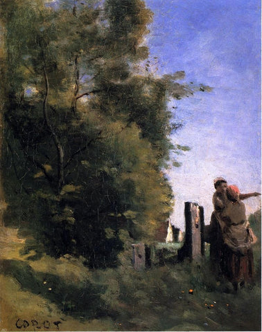  Jean-Baptiste-Camille Corot Two Women Talking by a Gate - Hand Painted Oil Painting