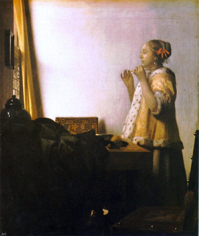  Johannes Vermeer Woman with a Pearl Necklace - Hand Painted Oil Painting