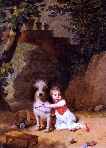  Martin Drolling Portrait Of A Little Boy Placing A Coral Necklace On A Dog, Both Seated In A Parkland Setting - Hand Painted Oil Painting