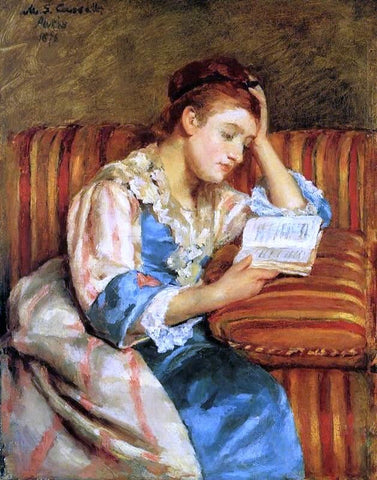  Mary Cassatt Mrs. Duffee Seated on a Striped Sofa, Reading - Hand Painted Oil Painting