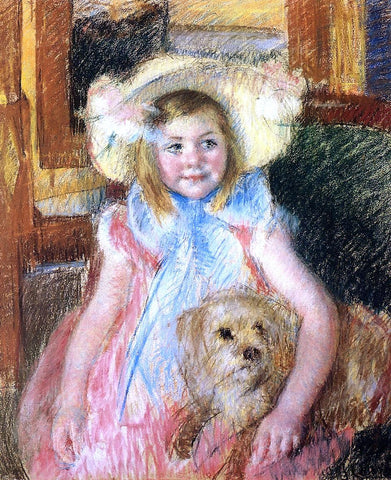  Mary Cassatt Sara in a Large Flowered Hat, Looking Right, Holding Her Dog - Hand Painted Oil Painting