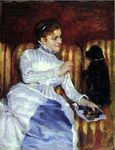 Mary Cassatt Woman on a Striped with a Dog (also known as Young Woman on a Striped Sofa with Her Dog) - Hand Painted Oil Painting