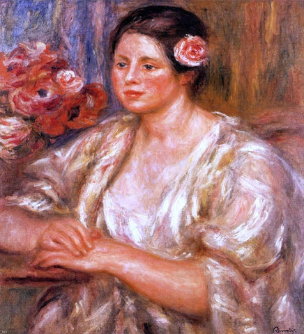  Pierre Auguste Renoir Madelaine in a White Blouse and a Bouquet of Flowers - Hand Painted Oil Painting