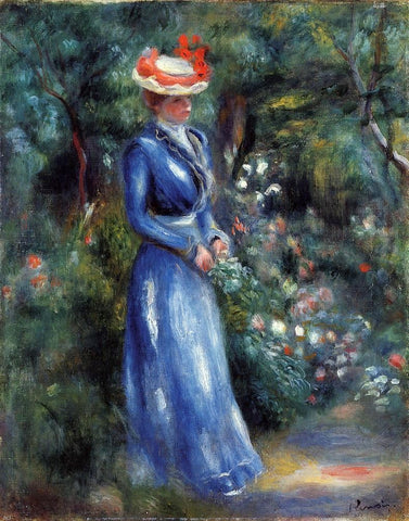  Pierre Auguste Renoir Woman in a Blue Dress, Standing in the Garden of Saint-Cloud - Hand Painted Oil Painting