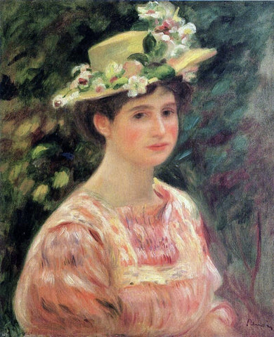  Pierre Auguste Renoir Young Woman Wearing a Hat with Wild Roses - Hand Painted Oil Painting