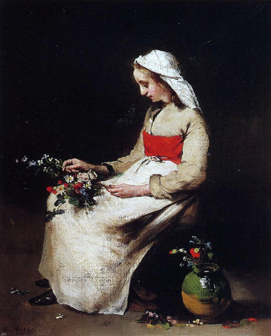  Theodule Ribot Girl Arranging a Vase of Flowers - Hand Painted Oil Painting