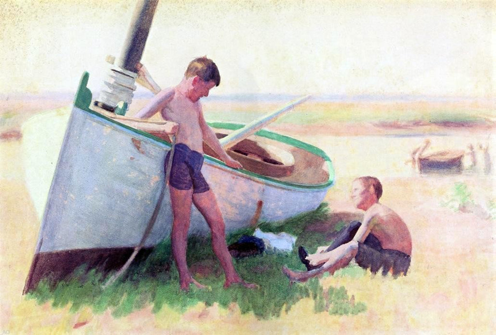Thomas Pollock Thomas Pollock Anschutz Two Boys by a Boat - Near Cape May Oil Painting ...