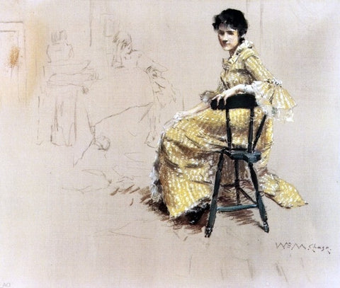 William Merritt Chase Seated Woman in Yello Striped Gown - Hand Painted Oil Painting