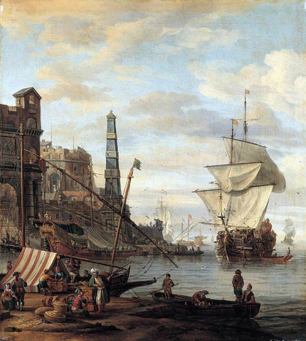  Abraham Storck Mediterranean Harbour Scene - Hand Painted Oil Painting