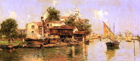  Antonio Maria De Reyna A Boathouse in Venice - Hand Painted Oil Painting