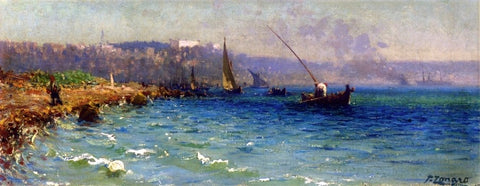 Fausto Zonaro A View of the Bosphorous from the Old Byzantine Walls, Constantinople - Hand Painted Oil Painting