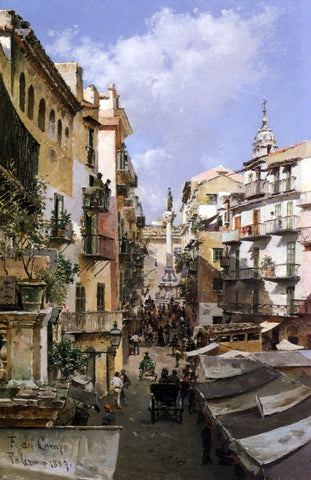  Federico Del Campo A Busy Thoroughfare, Palermo, Sicily - Hand Painted Oil Painting