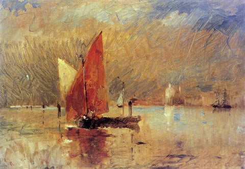  Frank Duveneck Red Sail in the Harbor at Venice - Hand Painted Oil Painting