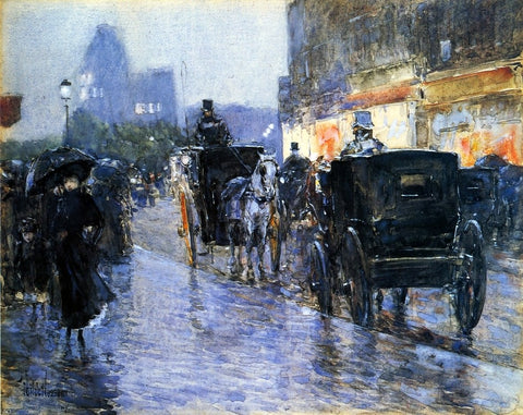  Frederick Childe Hassam Horse Drawn Cabs at Evening, New York - Hand Painted Oil Painting
