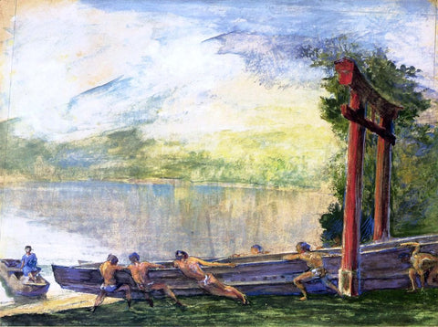  John La Farge A Torii on Shore of Lake Chusenji, Japan. Fishermen Pushing Out Their Boat - Hand Painted Oil Painting