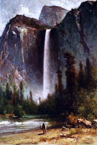  Thomas Hill Ahwahneechee - Piute Indian at Bridal Veil Falls, Yosemite - Hand Painted Oil Painting