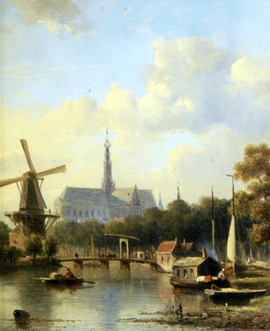  Everhardus Koster A View of Haarlem with St Bavo Cathedral from the River - Hand Painted Oil Painting