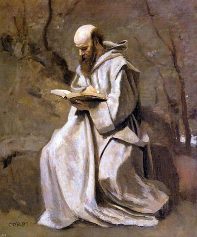  Jean-Baptiste-Camille Corot Monk in White, Seated, Reading - Hand Painted Oil Painting