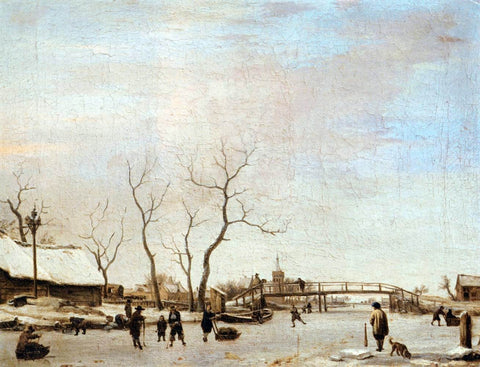  Adriaen Van de Velde Frozen Canal with Skaters and Hockey Players - Hand Painted Oil Painting