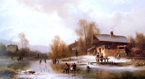  Anton Doll Skaters and Washerwomen in a Frozen Landscape - Hand Painted Oil Painting