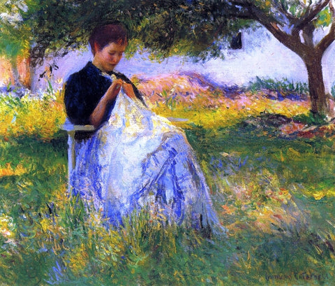  Edmund Tarbell A Girl Sewing in an Orchard - Hand Painted Oil Painting