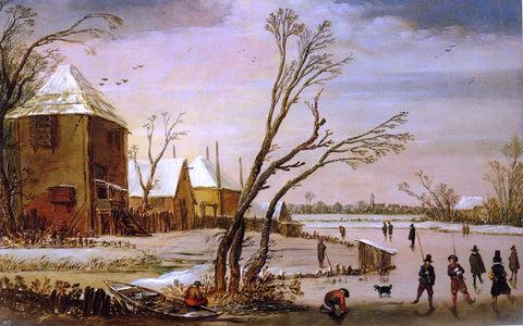  Esaias Van de Velde A Winter Landscape with Skaters on a Frozen River - Hand Painted Oil Painting