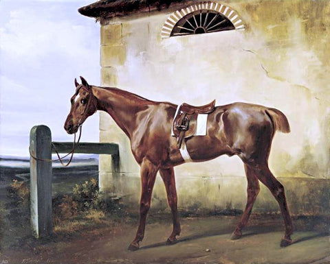  Horace Vernet A Saddled Race Horse Tied to a Fence - Hand Painted Oil Painting