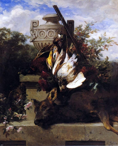  Jean Baptiste Robie Still Life with Game and a Rifle on a Marble Ledge with an Urn in a Flowery Landscape - Hand Painted Oil Painting
