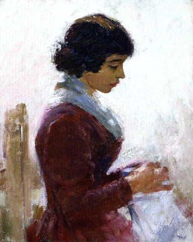  Theodore Robinson Girl in Red, Sewing - Hand Painted Oil Painting