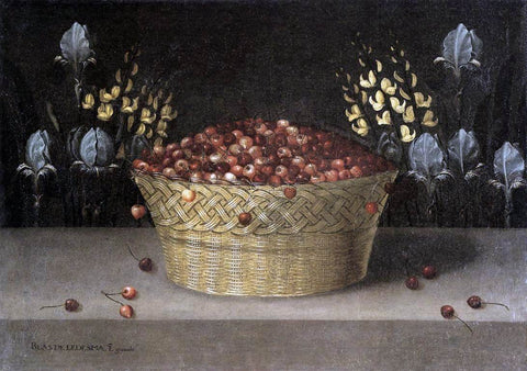  Blas De Ledesma Basket of Cherries and Flowers - Hand Painted Oil Painting