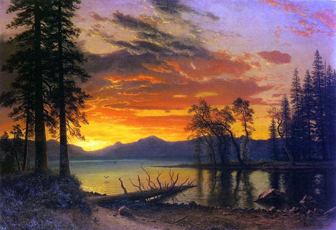  Albert Bierstadt Sunset, Deer, and River - Hand Painted Oil Painting