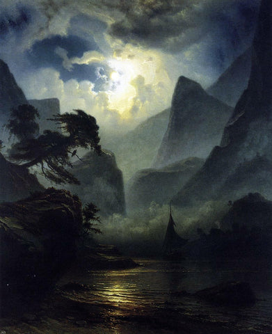 A Norwegian Fjord by Moonlight by Knud Andreassen Baade - Hand Painted Oil Painting