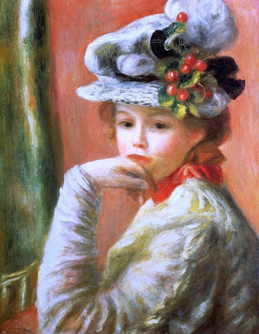 Young Girl in a White Hat by Pierre Auguste Renoir - Hand Painted Oil Painting