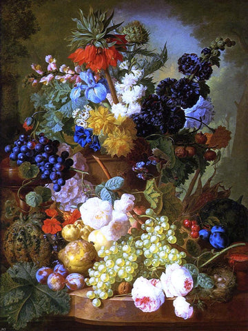 Still Life of Flowers, Fruit and Bird's Nest on a Marble Ledge by Jan Van Os - Hand Painted Oil Painting