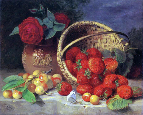  Eloise Harriet Stannard A Basket of Strawberries, Cherries, a Butterfly and Red Roses in a Vase on a Stone Ledge - Hand Painted Oil Painting
