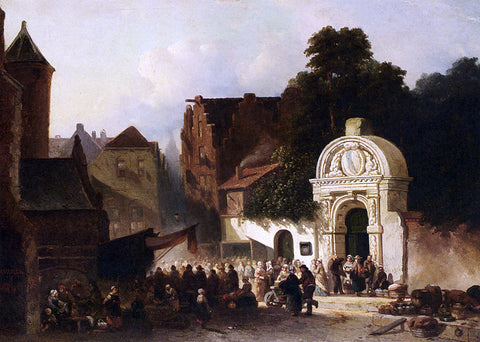  Jacobus Adrianus Vrolijk Busy Market In A Dutch Town - Hand Painted Oil Painting