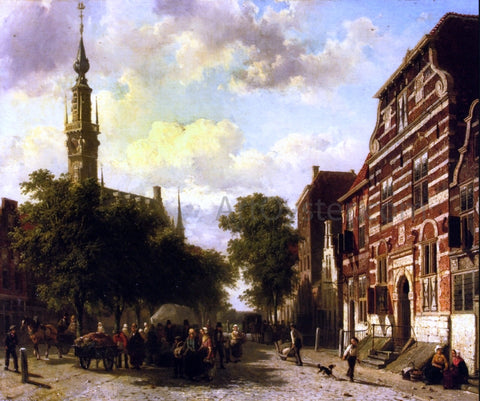  Cornelis Springer Busy Market in Veere with the Clocktower of the Town Hall Beyond - Hand Painted Oil Painting