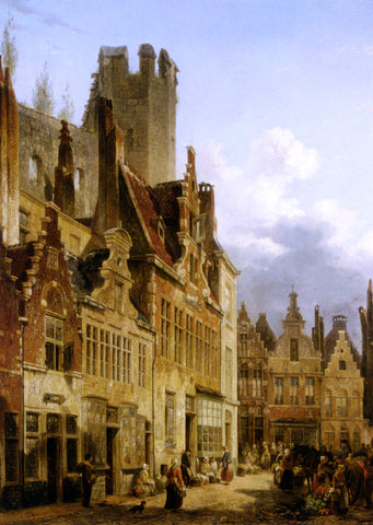  Francois-Jean-Louis Boulanger Busy Market Scene in the Streets of Ghent - Hand Painted Oil Painting
