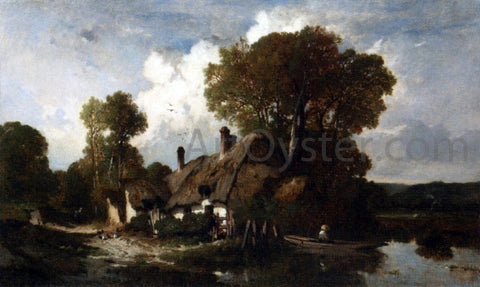  Adolphe Hervier Man in a Boat by a Cottage in a Wooded River Landscape - Hand Painted Oil Painting